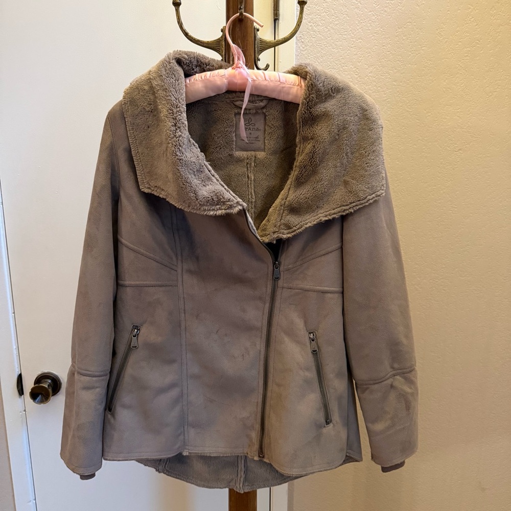 Prana Taupe Faux Suede Shearling Lined‎ Jacket With Zipper Front -Size M